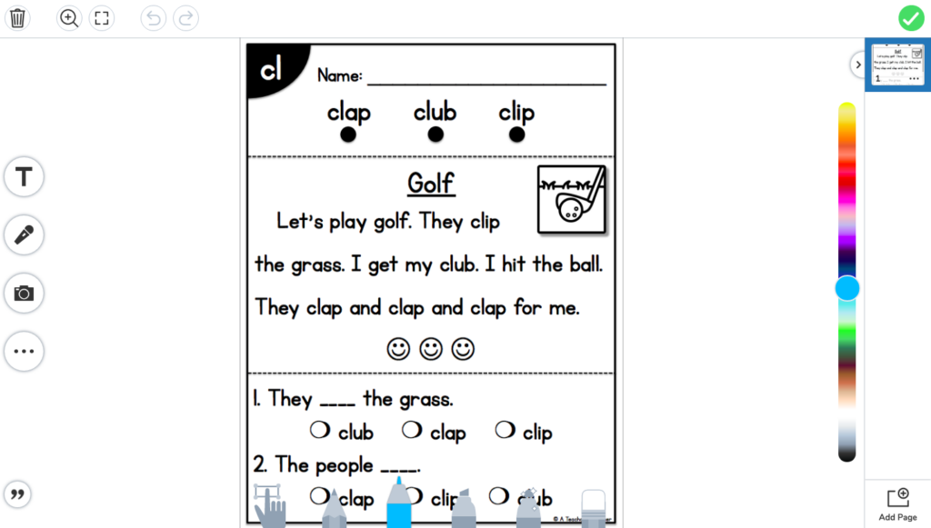 Preview of a digital PDF activity with tool options for how to use resources in Seesaw tutorial