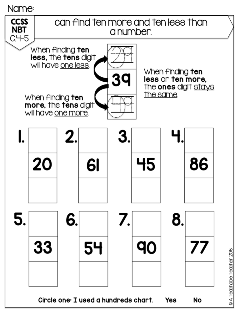 Print And Practice Mathematics One More One Less Ten More Ten Less