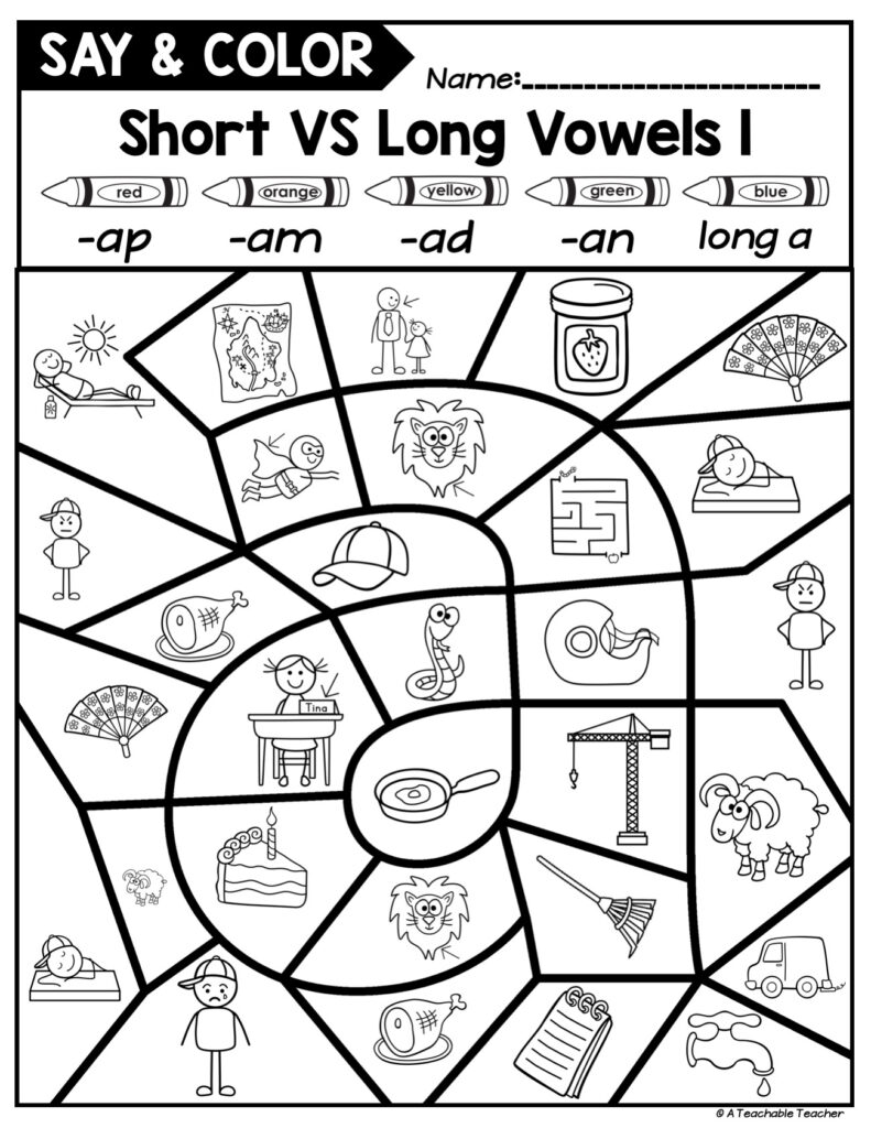 Say and Color - Short VS Long Vowels - CVC and CVCe Words - A Teachable