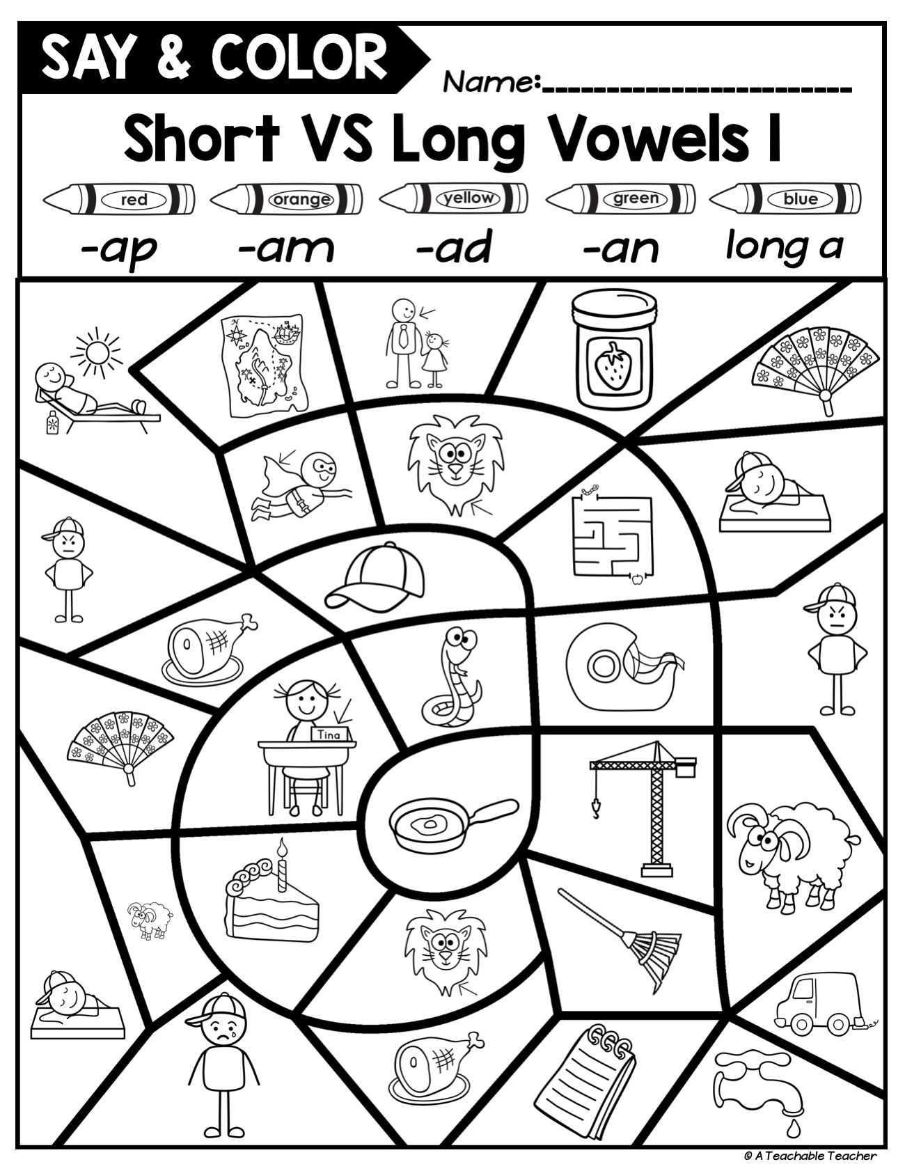 say and color short vs long vowels cvc and cvce words