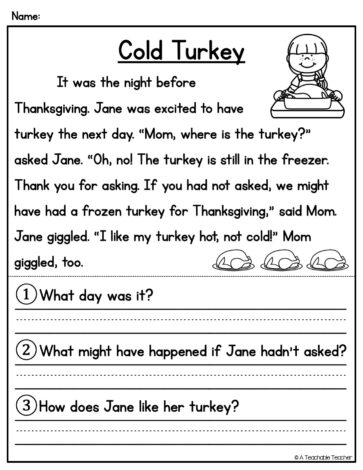 reading comprehension for 2nd grade worksheet - thanksgiving reading
