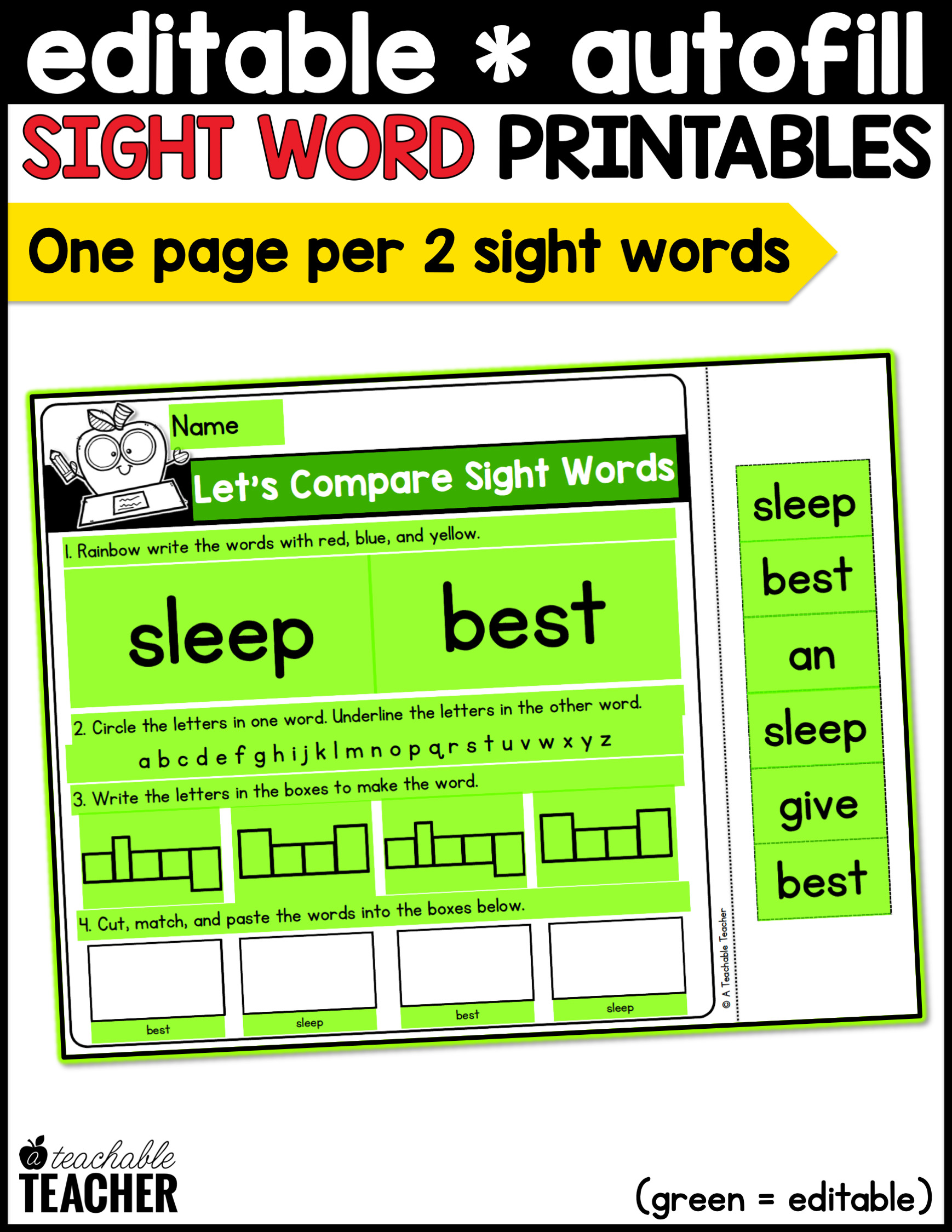 Editable Sight Word Printables- August - A Teachable Teacher