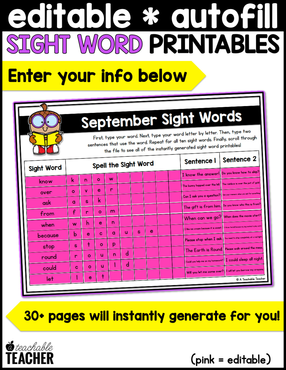 Editable Sight Word Printables- September - A Teachable Teacher